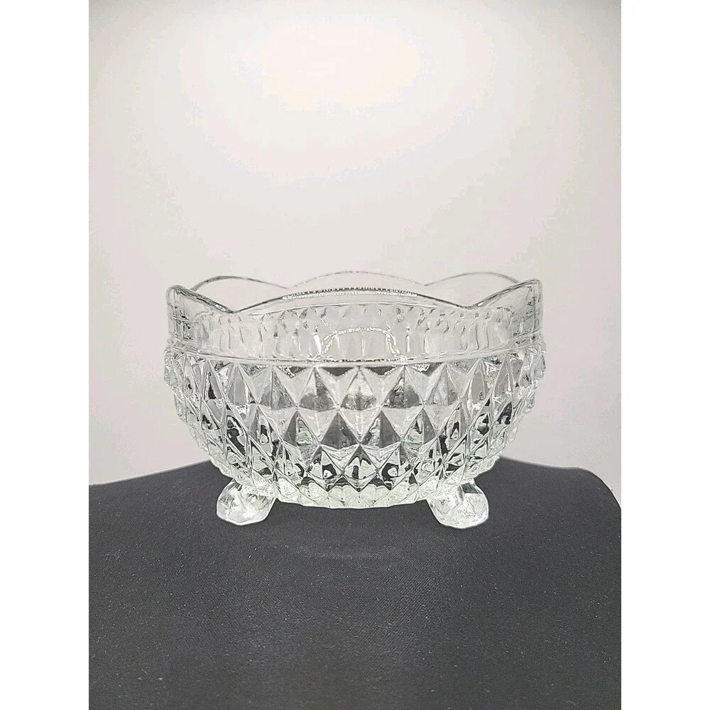 Vintage Indiana Glass Diamond Point Crystal Footed Candy Dis. Scalloped Rim. 5”